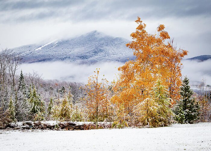 Vermont. Greeting Card featuring the photograph Snowliage and Burke by Tim Kirchoff