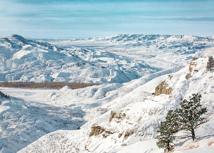 A Winter's View Of The Snowy Landscape In The Judith River Breaks Near Winifred Greeting Card featuring the photograph Snowy Breaks by Todd Klassy
