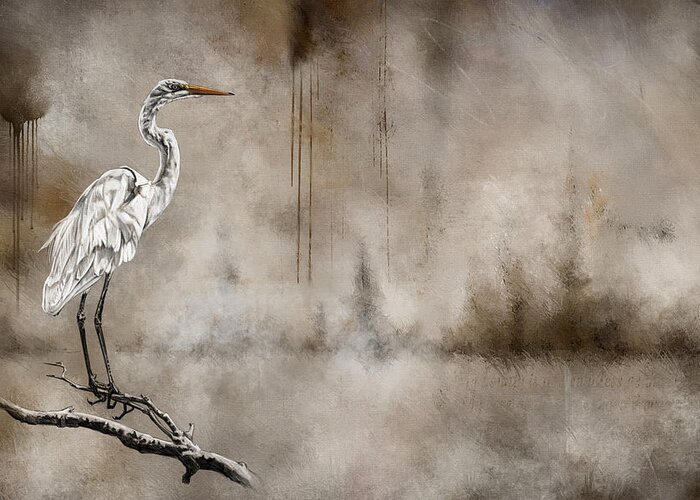 Abstract Greeting Card featuring the digital art Snowy Egret on a Branch by Shawn Conn