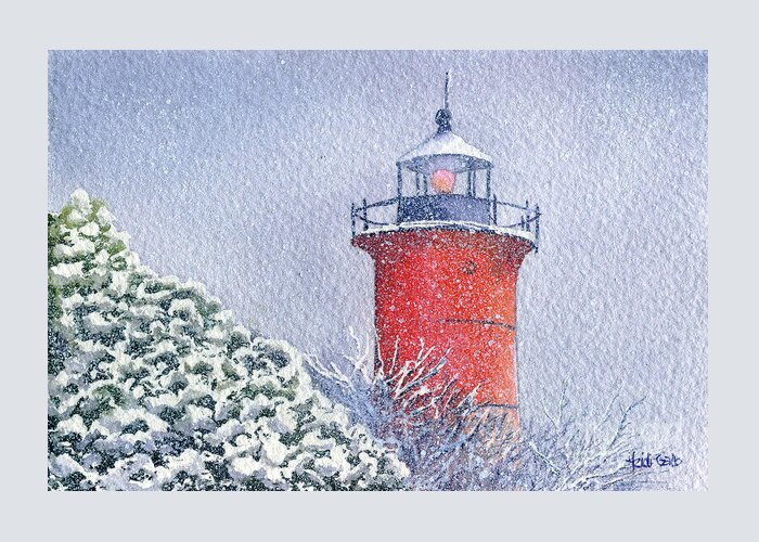 Watercolor Greeting Card featuring the painting Snowy Nauset Light by Heidi Gallo