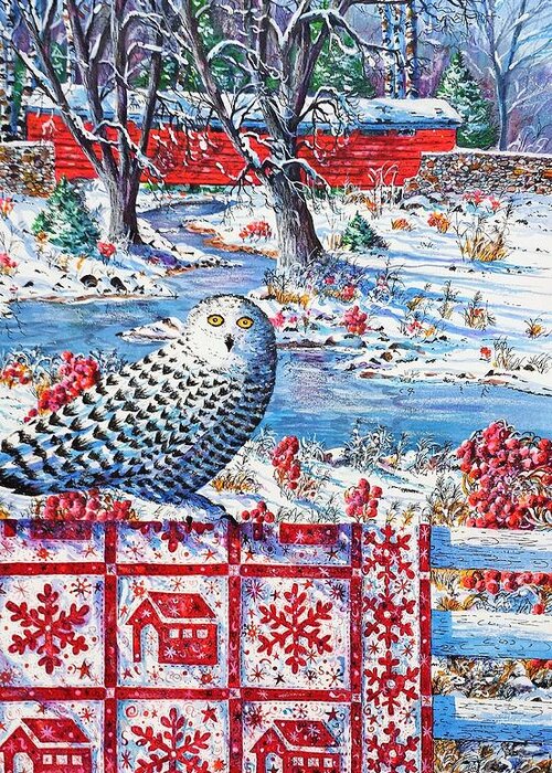 Winter Scene Of Covered Bridge And Snowy Owl With Red Covered Bridge And Snowflake Quilt. Greeting Card featuring the painting Snowy Owl Visitor by Diane Phalen