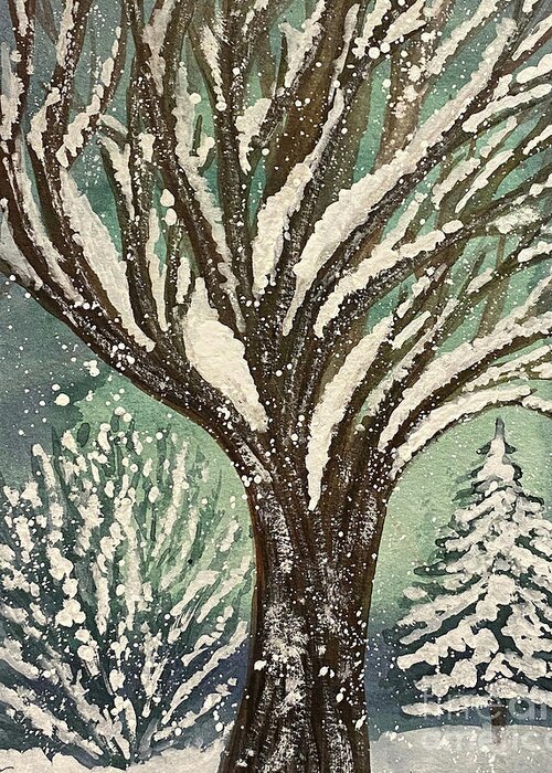 Snowy Yard Greeting Card featuring the painting Snowy yard by Lisa Neuman