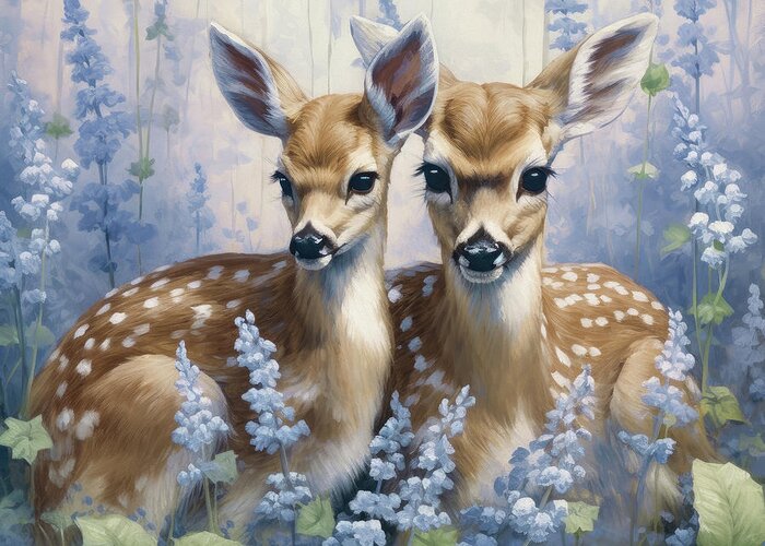 Deer Greeting Card featuring the painting Snuggling In The Lupines by Tina LeCour