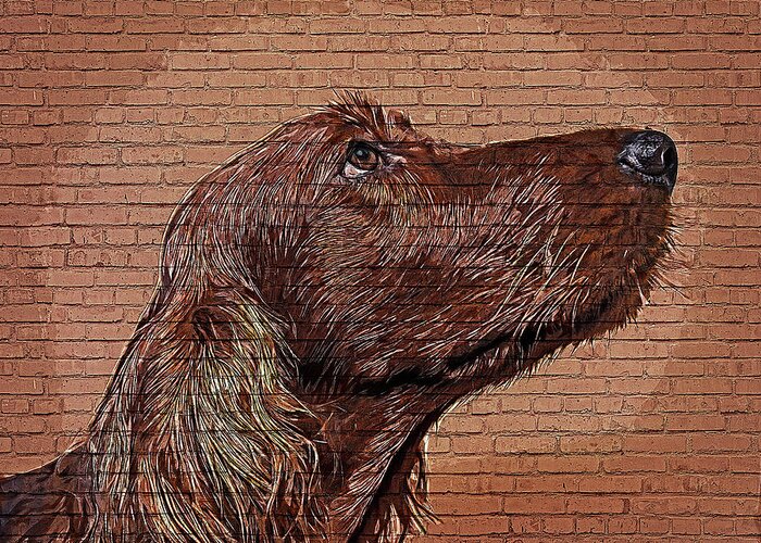 Irish Setter Greeting Card featuring the painting So cool and beautiful, Irish Setter Dog - Brick Block Background by Custom Pet Portrait Art Studio