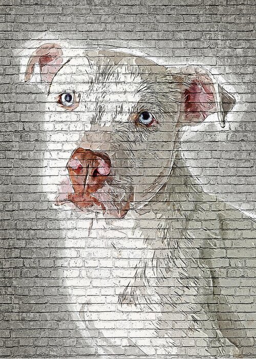 White Greeting Card featuring the painting So Cool and Beautiful - White Pit Bull - Brick Block Background by Custom Pet Portrait Art Studio