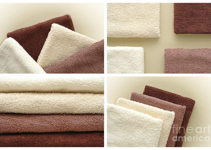 Bath Greeting Card featuring the photograph Soft and Fluffy Beige to Brown Cotton Bath Towels by Olivier Le Queinec