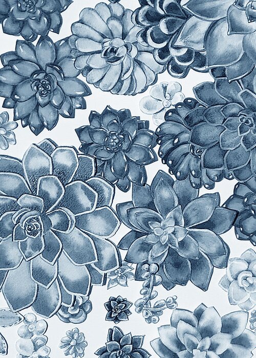 Blue Succulent Greeting Card featuring the painting Soft Indigo Blue Succulent Plants Garden Watercolor Interior Art IV by Irina Sztukowski