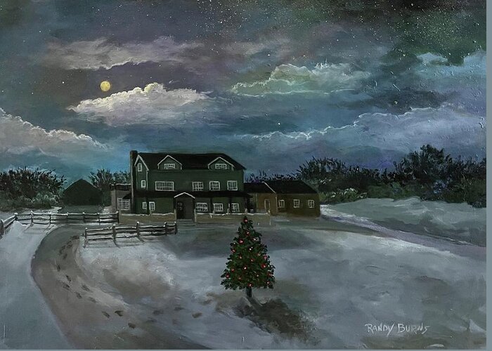 Fyrne Lake Farm Greeting Card featuring the painting SOLD. Fyrne Lake Farm. Tennessee. Winter Moonlight. by Rand Burns