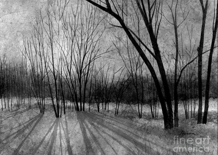 Winter Greeting Card featuring the painting Solstice Shadows in Black and White by Hailey E Herrera