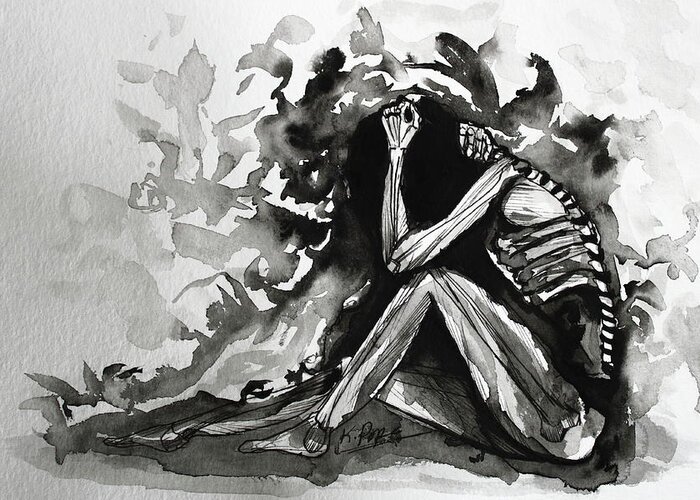 Skeleton Greeting Card featuring the painting Soul's Unveiling Embrace the Shadows by Kenneth Pope