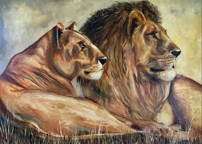 Lioness Greeting Card featuring the painting South African Royalty by Sunel De Lange