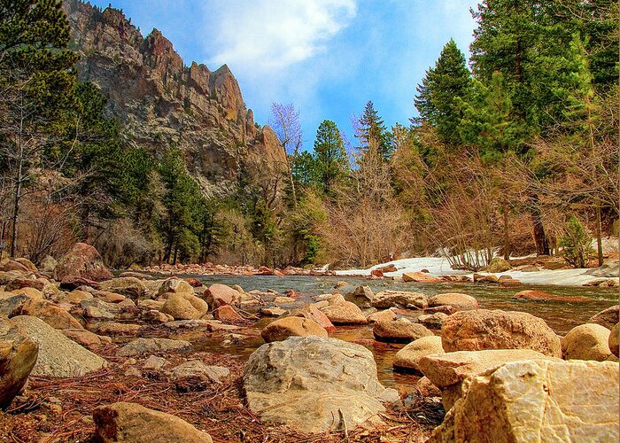Beautiful Greeting Card featuring the photograph South Boulder Creek, Rocky river bank leads to flowing river in Colorado Rocky Mountain valley by Tom Potter