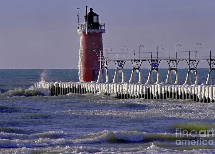 Water Greeting Card featuring the photograph South Haven Lighthouse in Winter by Randy Pollard