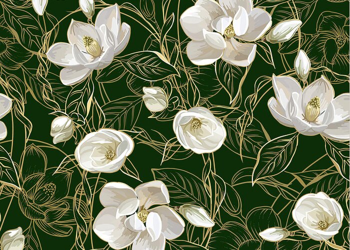 Magnolia Flowers Greeting Card featuring the drawing Southern Magnolias on Deep Green by L Diane Johnson
