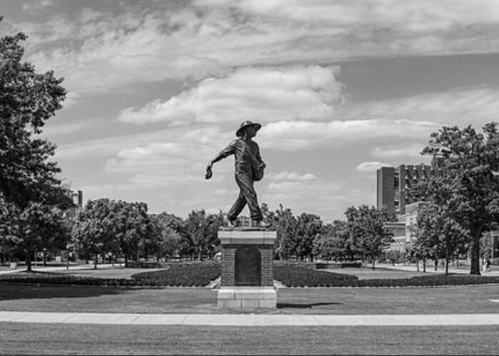 Sower Statue Greeting Card featuring the photograph Sower Statue on the campus of the University of Oklahoma in panoramic black and white by Eldon McGraw