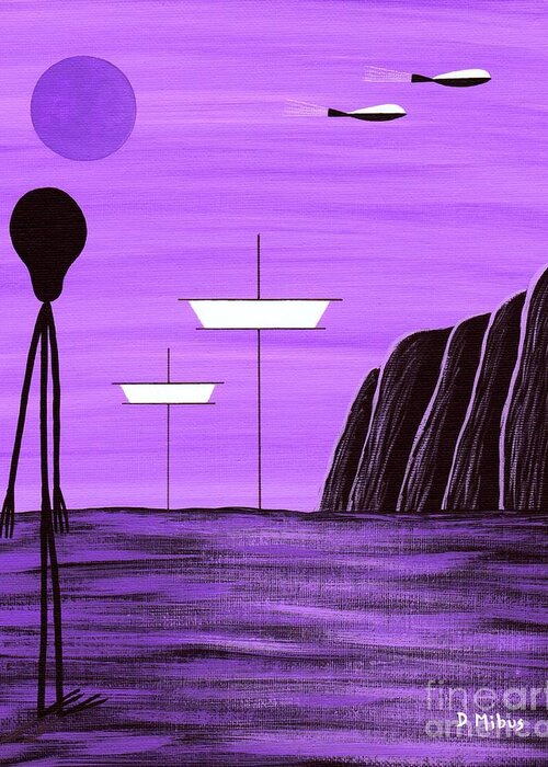 Retro Science Fiction Greeting Card featuring the painting Space Alien Visits Purple Planet by Donna Mibus