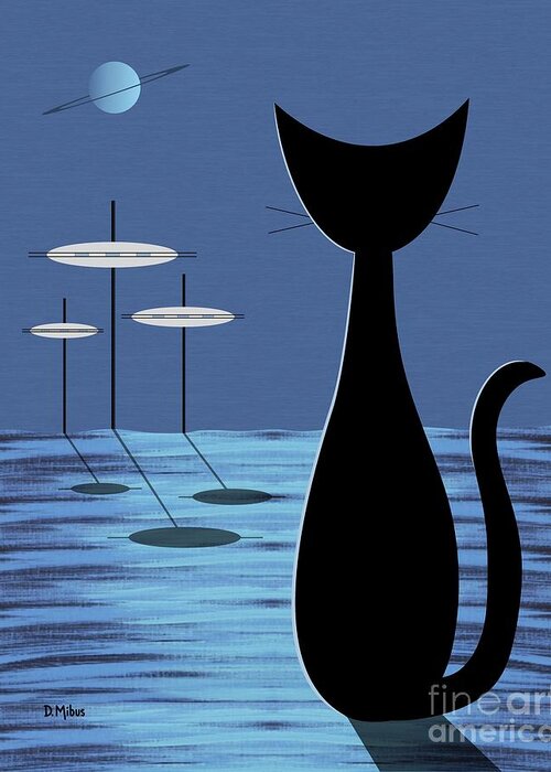 Cat Greeting Card featuring the digital art Space Cat in Blue by Donna Mibus