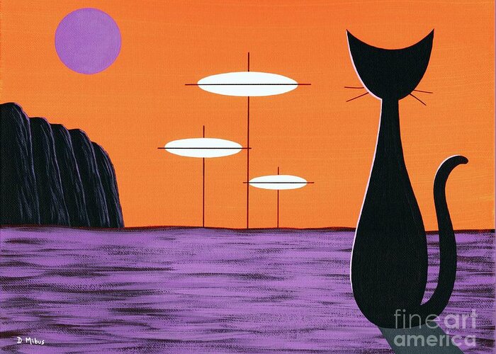 Mid Century Modern Greeting Card featuring the painting Space Cat in Orange and Purple by Donna Mibus