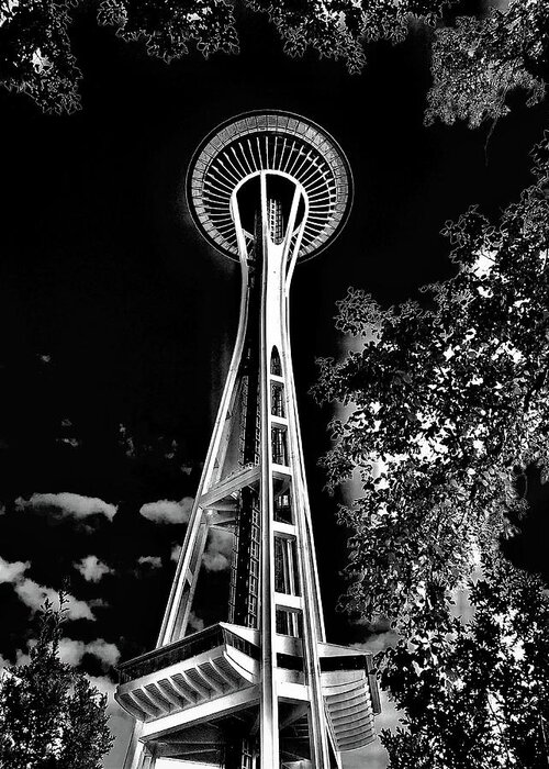 Space Needle Greeting Card featuring the photograph Space Needle in Black and White by Michael Oceanofwisdom Bidwell