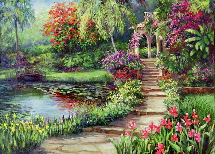 Tropical Garden Greeting Card featuring the painting Spanish Hideaway by Laurie Snow Hein