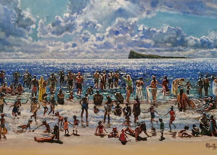 Beach Scene Greeting Card featuring the painting Sparkling island in the sun by Raouf Oderuth