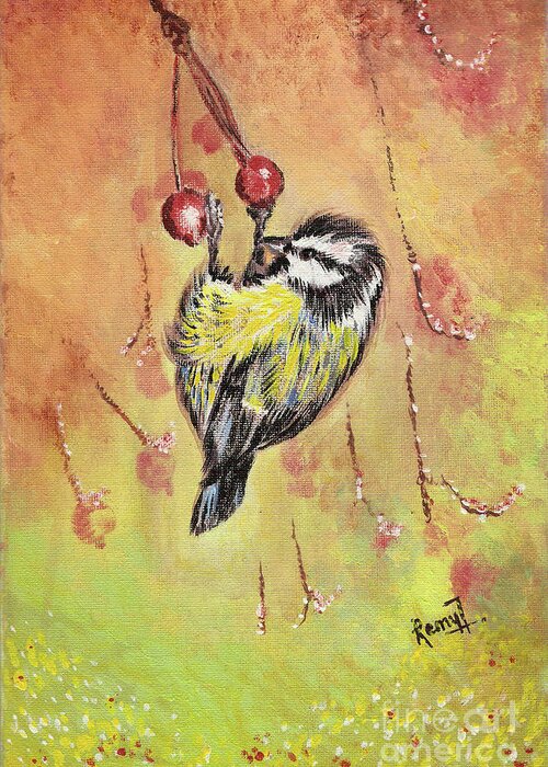 Acrylic Greeting Card featuring the painting Sparrow who wants the berries by Remy Francis