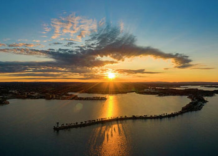 Horseshoe Bay Texas Greeting Card featuring the photograph Spectacular aerial panorama sunset view of the Horseshoe Bay Lighthouse peninsula over Lake LBJ by Dan Herron