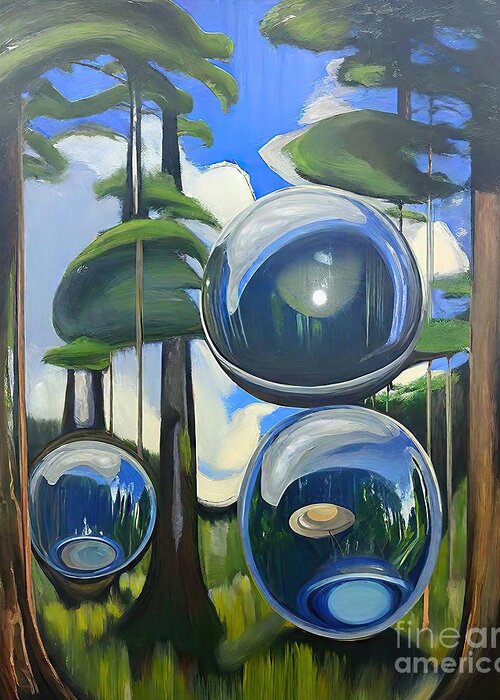 Reflective Greeting Card featuring the painting Spheres Over Palm beach Painting reflective spheres blue unknown by N Akkash