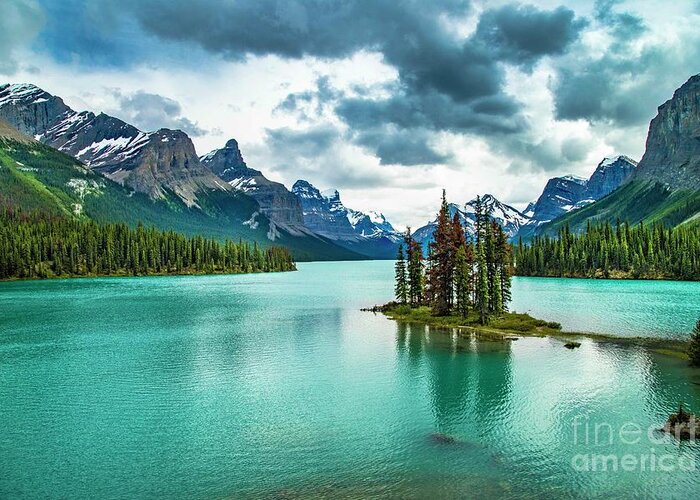 Maligne Lake Greeting Card featuring the photograph Spirit Island by Darcy Dietrich