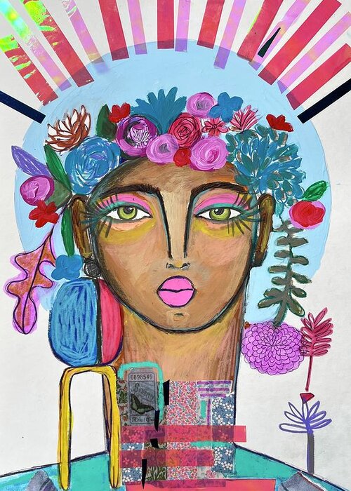 Abstract Face Art Greeting Card featuring the mixed media Spiritual Woman Portrait by Rosalina Bojadschijew