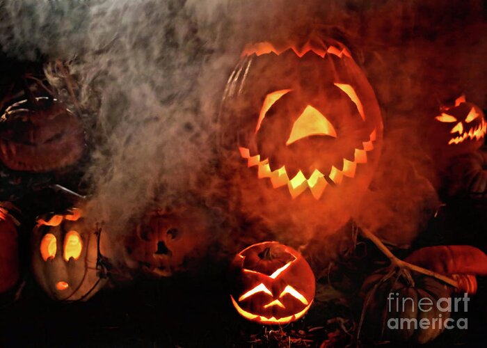 Carved Pumpkins Greeting Card featuring the photograph Spooky Pumpkins by Vivian Krug Cotton