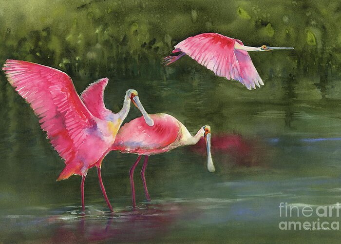 Watercolor Spoonbills Greeting Card featuring the painting Spoonbills by Amy Kirkpatrick