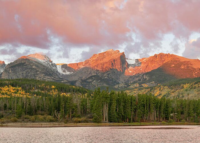 Panorama Greeting Card featuring the photograph Sprague Lake Autumn Sunrise Panorama by Aaron Spong