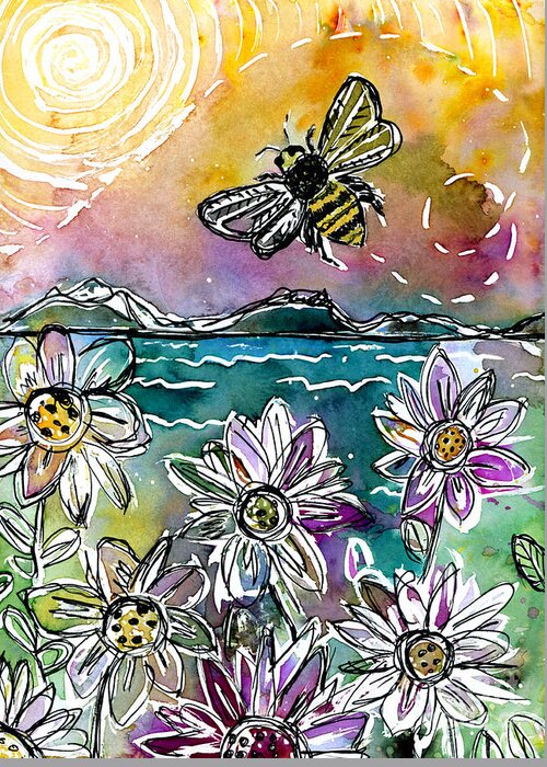 Watercolor Greeting Card featuring the painting Spring day Buzzing Bee at the Lake by Joanne Herrmann
