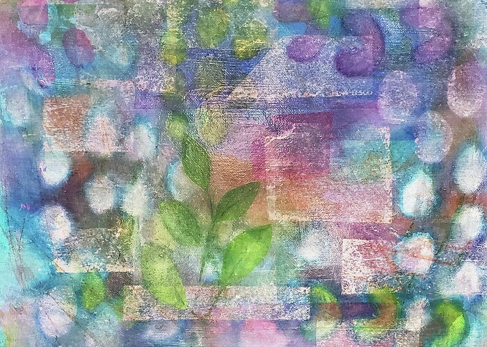 Flower Greeting Card featuring the mixed media SPRING GARDEN Abstract Collage in Aqua Pink Purple Green by Lynnie Lang