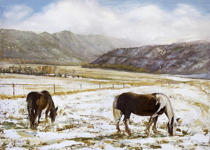 Horses Greeting Card featuring the painting Spring Grazing by Hone Williams
