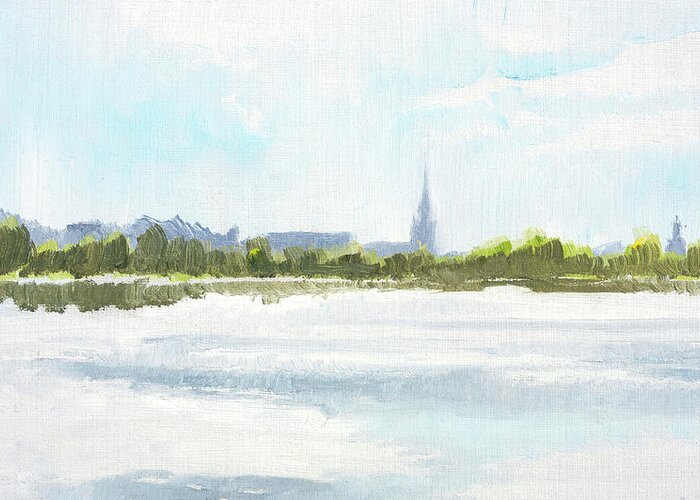 Falun Greeting Card featuring the painting Spring haze over Falu skyline  Vaardis oever Faluns stadssilhuette _foto 2020  by Marica Ohlsson