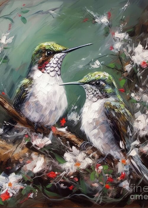 Ruby Throated Hummingbirds Greeting Card featuring the painting Spring Hummingbirds by Tina LeCour