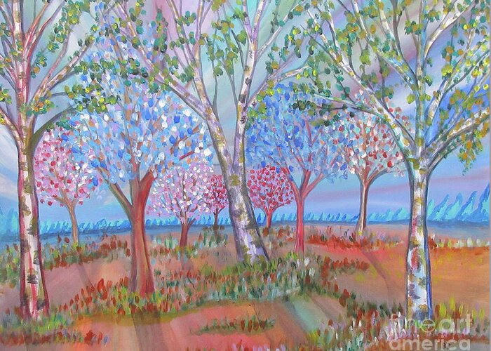 Landscape Trees Spring Birch Colourful Ontario Canada Lobby Office Abstract Realism Greeting Card featuring the painting Spring Is In The Air by Bradley Boug