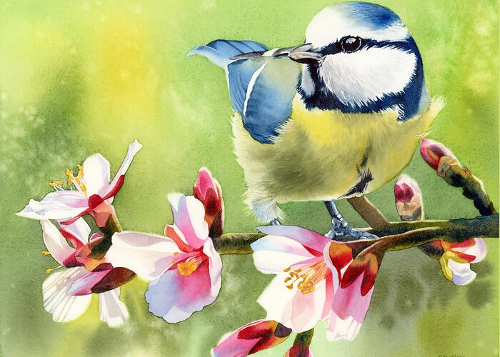 Blue Tit Greeting Card featuring the painting Spring Twittering by Espero Art