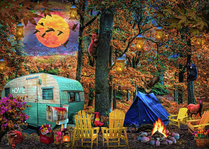 Camper Greeting Card featuring the digital art Springtime Evening Camping by Debra and Dave Vanderlaan