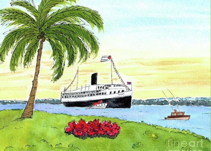 Vintage Post Card Greeting Card featuring the painting S.S. Florida Cruising into Miama by Donna Mibus