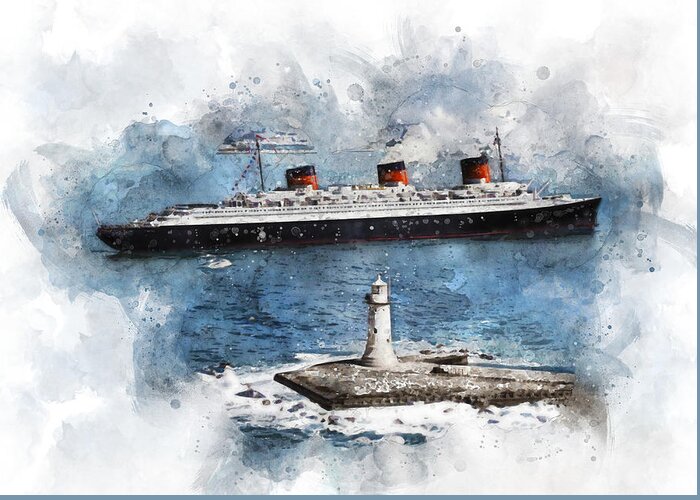 Steamer Greeting Card featuring the digital art S.S. Normandie pre 1935 by Geir Rosset