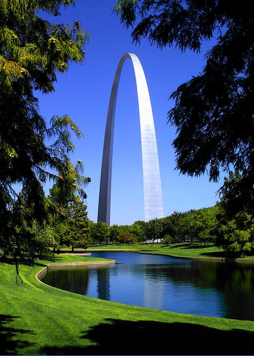 Architecture Greeting Card featuring the photograph St Louis Gateway Arch Water Trees by Patrick Malon