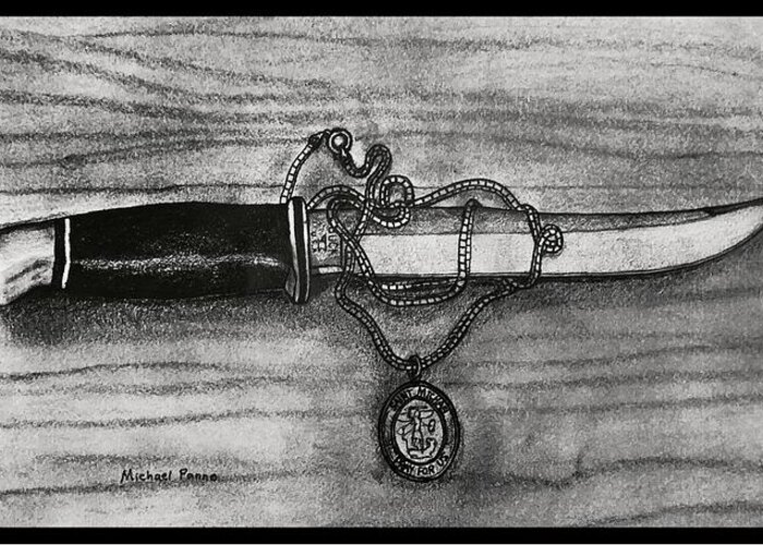 St. Michael Greeting Card featuring the drawing St. Michael's Knife W/ Border by Michael Panno
