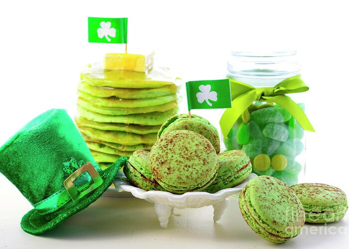 Biscuit Greeting Card featuring the photograph St Patricks Day green party food. by Milleflore Images