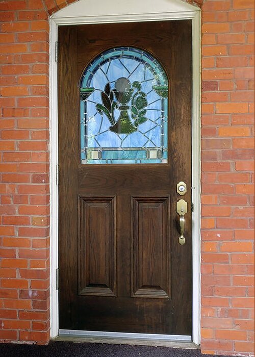 Door Greeting Card featuring the photograph St Paul Stained Glass Window Door by Ali Baucom