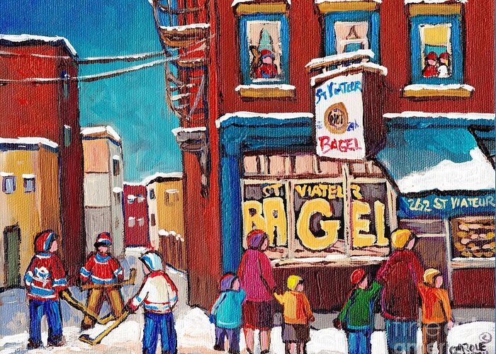 St.viateur Bagel Greeting Card featuring the painting St Viateur Bagel Painting By Canadian Artist C Spandau Montreal Hockey Kids Winter Scene Quebec Art by Carole Spandau