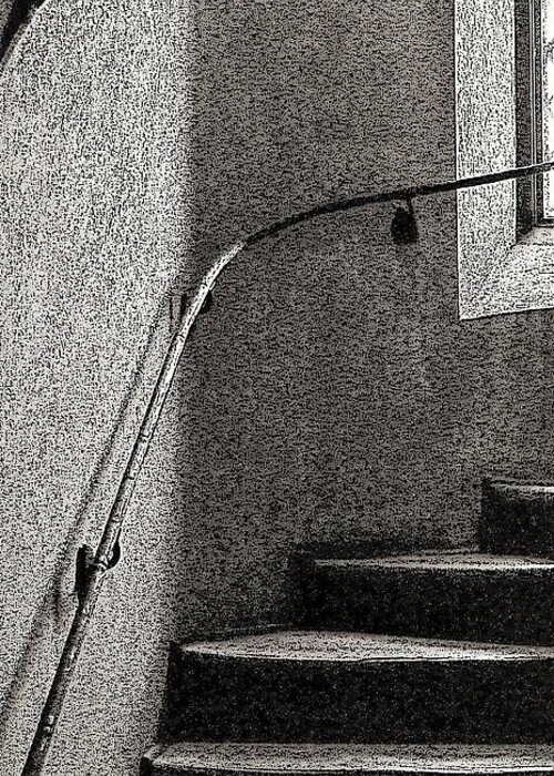 Stairs Indoor Window B&w Greeting Card featuring the photograph Stairs Indoors2 by John Linnemeyer