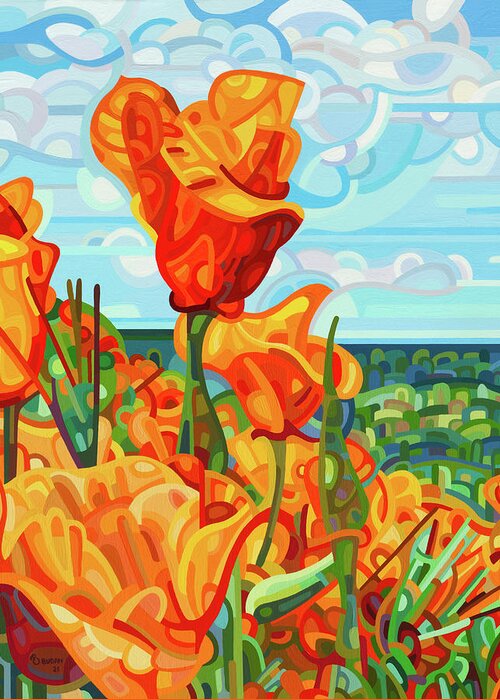 Red Orange Poppies Greeting Card featuring the painting Standing Tall by Mandy Budan